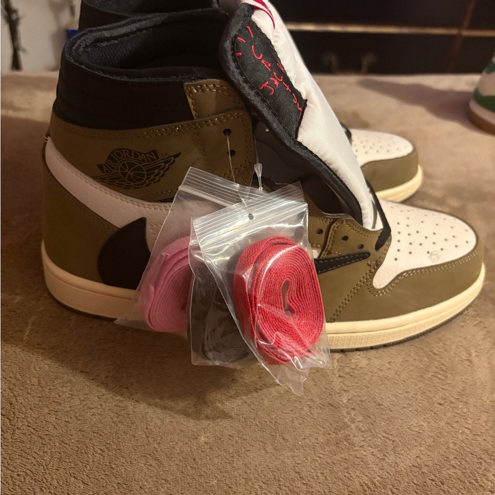 Jordan High-Top Sneakers in Olive, White & Black with Pink and Red Laces